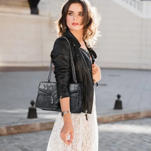 Snake Print Leather Blue Crossbody Bag for Women Chain Strap and Clutch Style - Picture 2 of 7